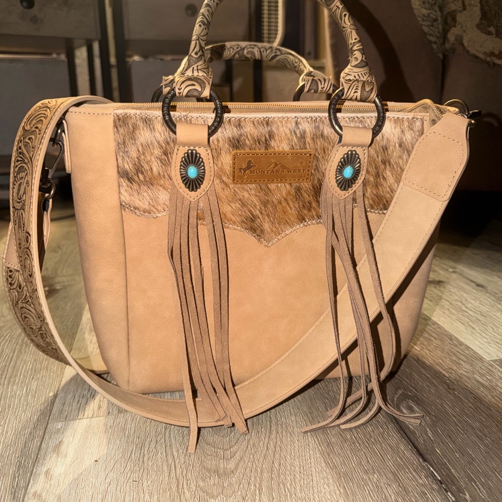 Montana West Beige Tan Fringe Shoulder Bag with Turquoise Concho